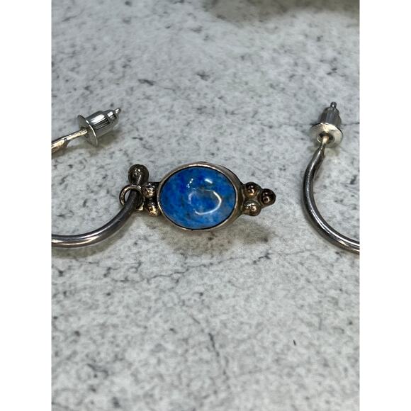 Navajo N Juan Sterling Silver Stamped Blue Stone earrings Hoop Metal - Picture 4 of 7